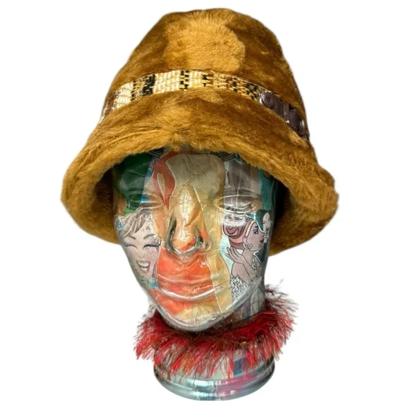 1960s Camel Faux Fur Bucket Hat Mod Union Made Medium Vintage Winter Hat - Picture 3 of 11